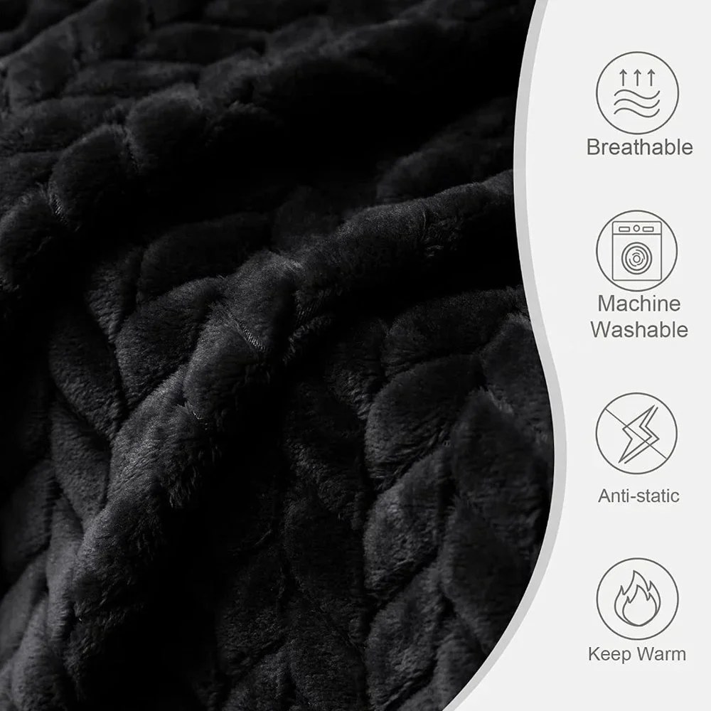 Trendy Black Knit Jacquard Weave Pattern Decorative Warm Flannel Bed Blanket - Picture 4 of 16